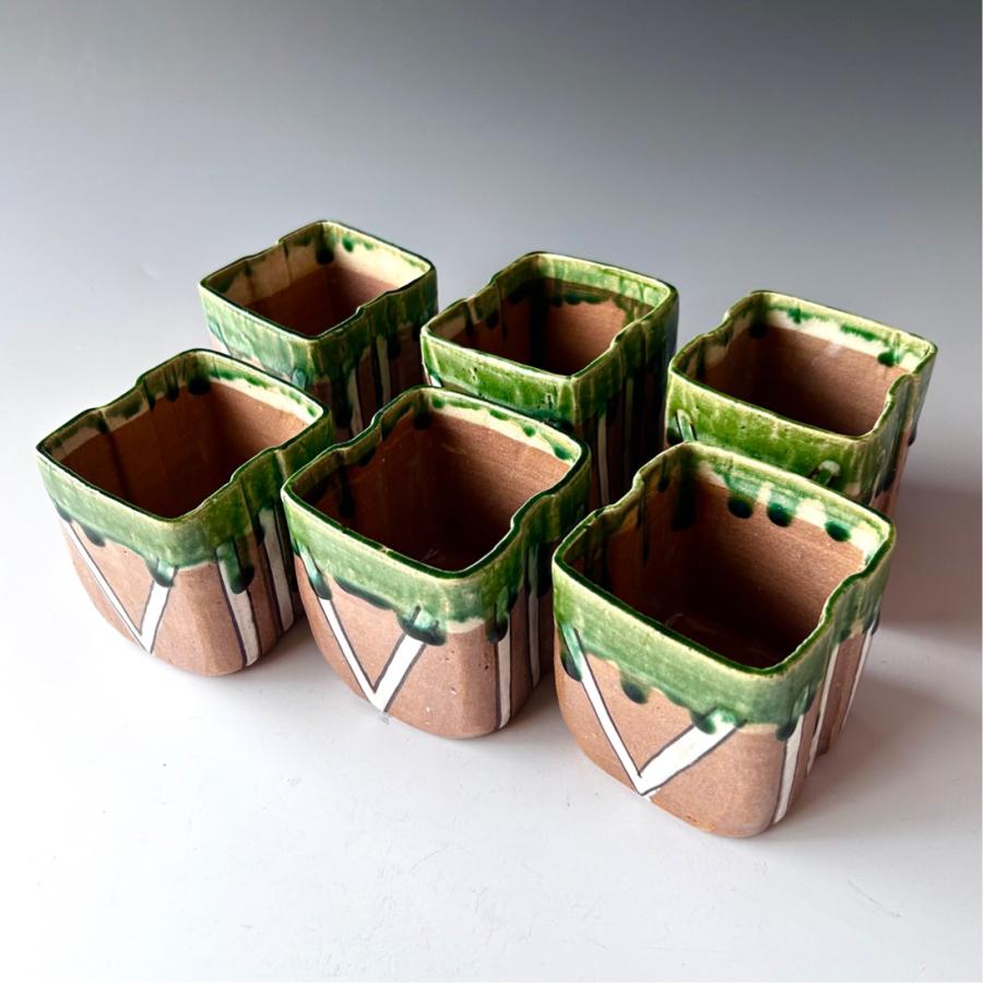 茶道具 鳴海織部 角形 深向付 六客組 加藤十右衛門 共箱