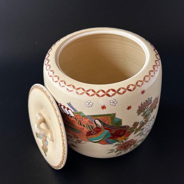 茶道具 色絵 薩摩焼 源氏絵 水指 中野静鳳 共箱 さつま焼 源氏物語