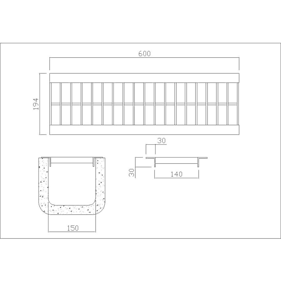 グレーチング 溝幅150用 荷重:T-2(乗用車) HGU150-19L600 U字溝用 普及型L=600 法山本店｜kouguland｜02