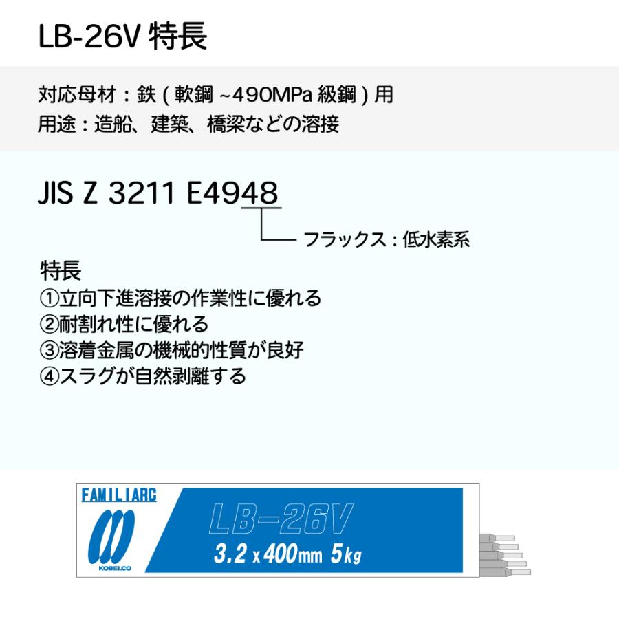 神戸製鋼 ( KOBELCO )　アーク溶接棒 　LB-26V ( LB26V )　φ 3.2mm 400mm 小箱 5kg｜kougunomikawaya｜02