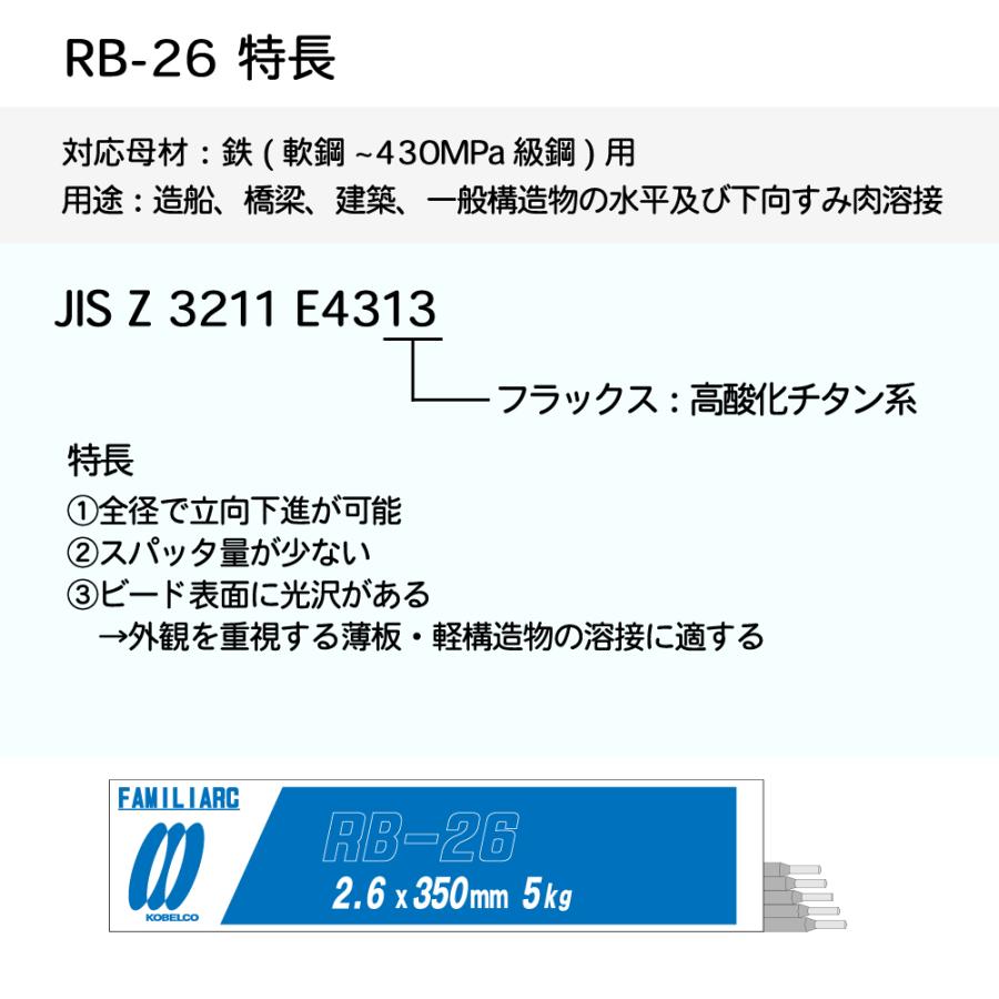 神戸製鋼 ( KOBELCO )　アーク溶接棒 　RB-26 ( RB26 )　φ 2.6mm 350mm ばら売り 1kg｜kougunomikawaya｜02