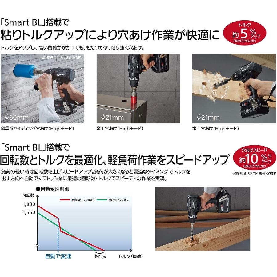 Panasonic（パナソニック） 充電ドリルドライバー EZ74A3X-B (黒) 本体 