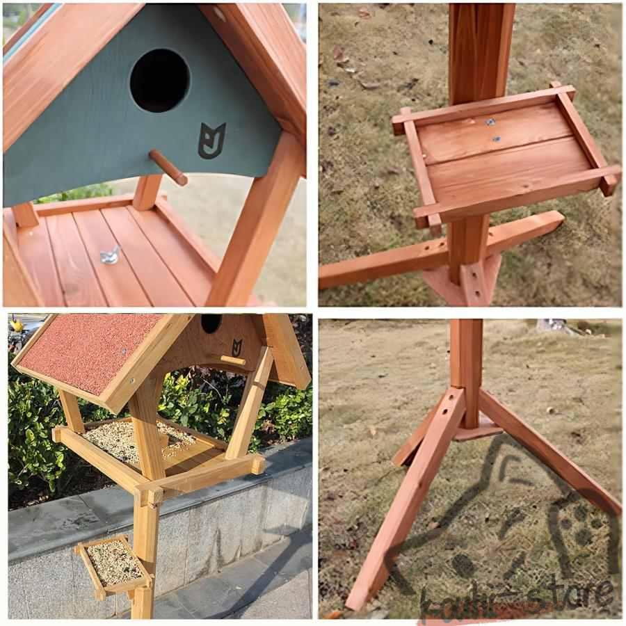 野鳥の餌台 木製屋外バードフィーダー 屋根付き 自立鳥のエサ台 鳥餌
