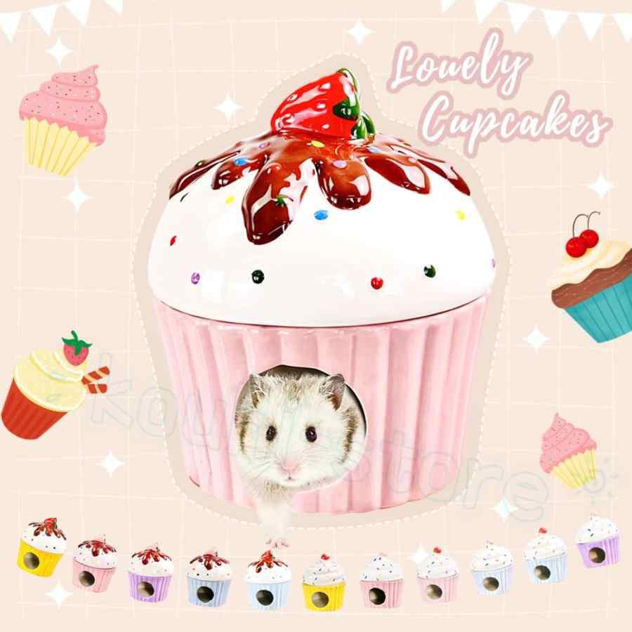 ハムスター ハウス 隠れ家 夏用 陶器 カップケーキ いちご ピンク