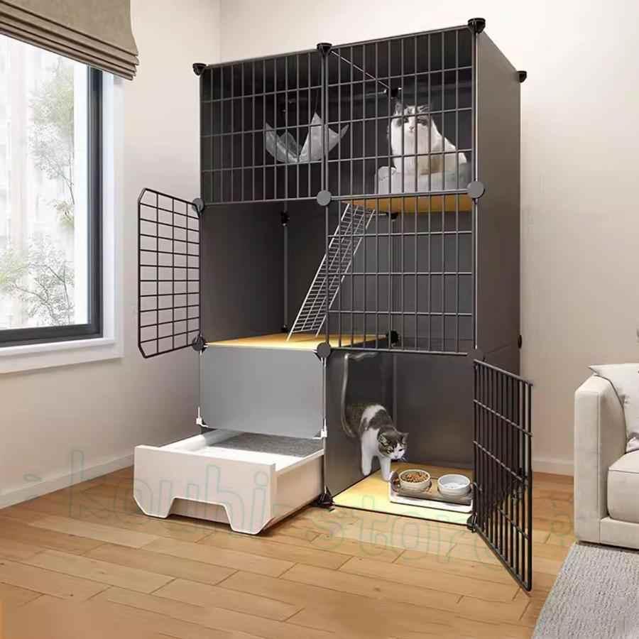 犬ケージ 猫ケージ 特大ケージ 室内飼い　引き出しトイレ付 掃除簡単 移動便利 引き出し式猫トイレ付き屋内特大猫ケージ、組み立てられた猫の囲いの