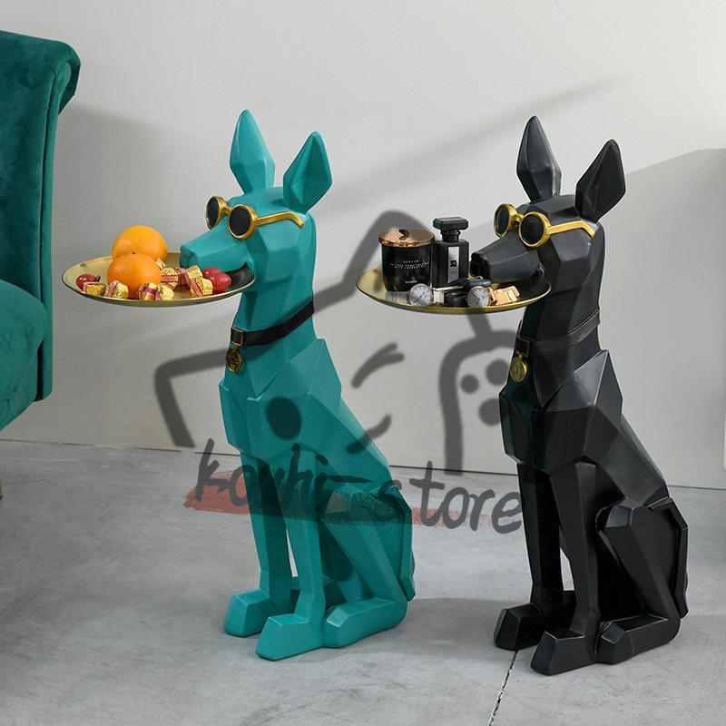犬型テーブル ガラス天板　テーブル 小物 置物 トレイを咥えた ドーベルマン 装飾 オブジェ 置物 犬 かわいい 雑貨