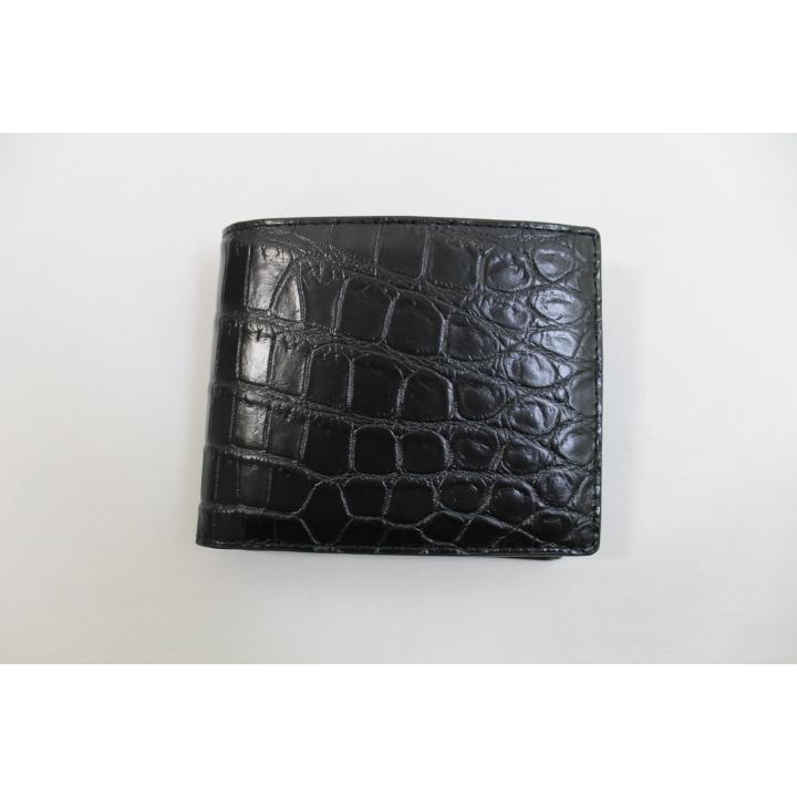 二つ折り 無双】クロコダイル 財布 無双 二つ折り ブラック 黒 マット