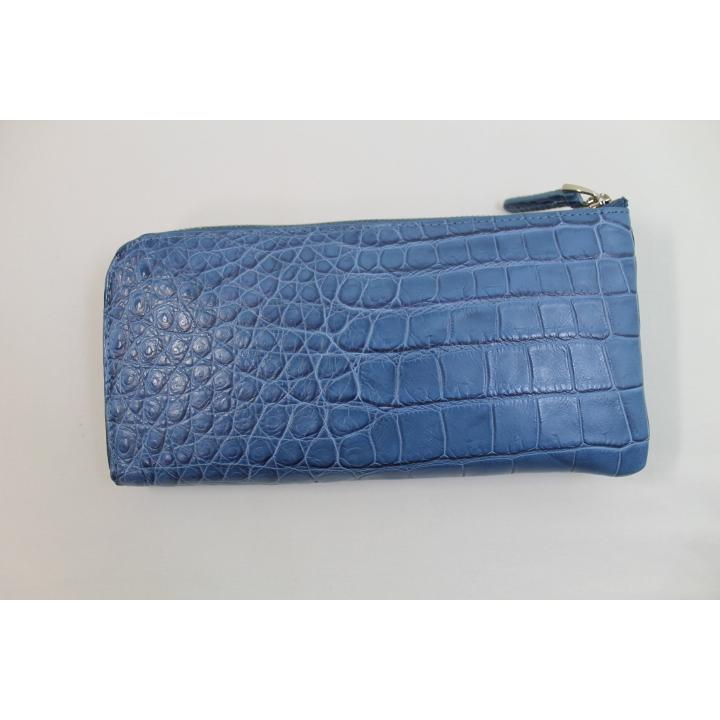 【10%OFFクーポンあり】L字ファスナー クロコダイル 長財布 財布 本革  ブルー ハンドメイド 一級品 マット仕上げ ヘンローン社製 ワニ革財布
