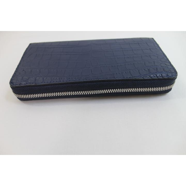 クロコダイル 財布 長財布 本物 一枚革 センター取り ネイビー  