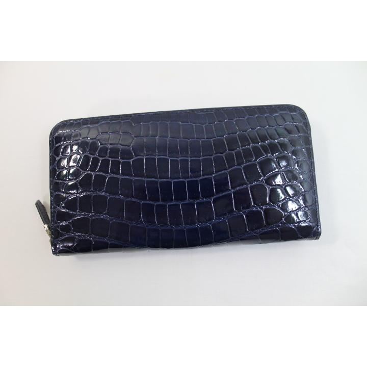 【10%OFFクーポンあり】クロコダイル 財布 長財布 メンズ レディース 本革 ネイビー シャイニング加工 ラウンド
