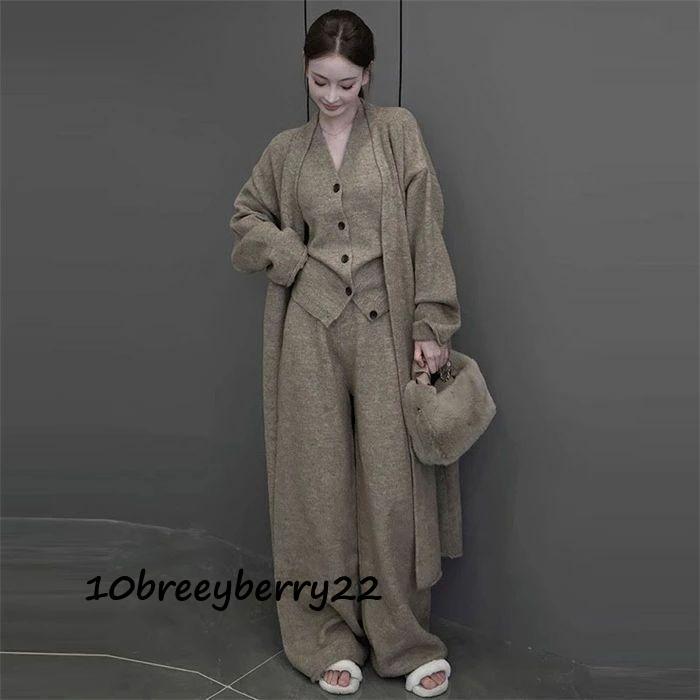 セットアップ レディース 秋冬 ニット カジュアル 上下セット 重ね着 3