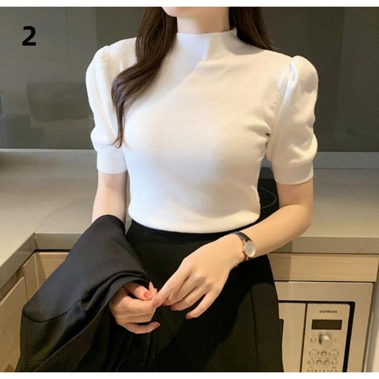 リブニット ハーフタートルネック パフスリーブ サマーニット トップス