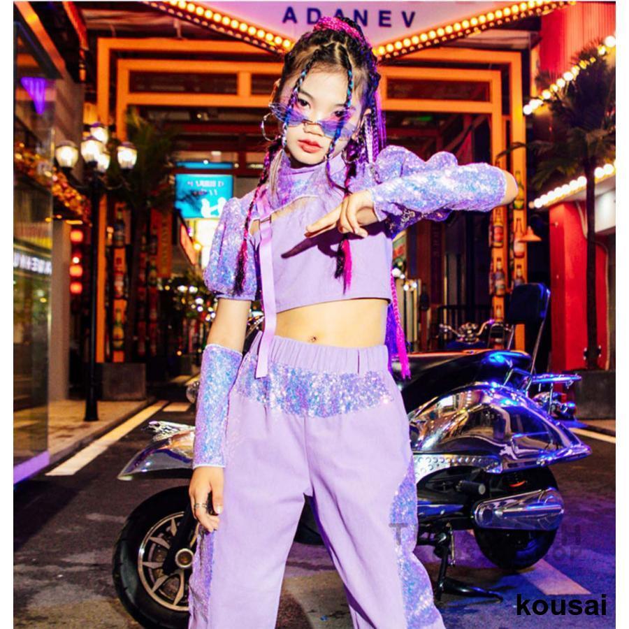 ダンス 衣装 キッズ 韓国 ガールズ 紫 スパンコール セットアップ