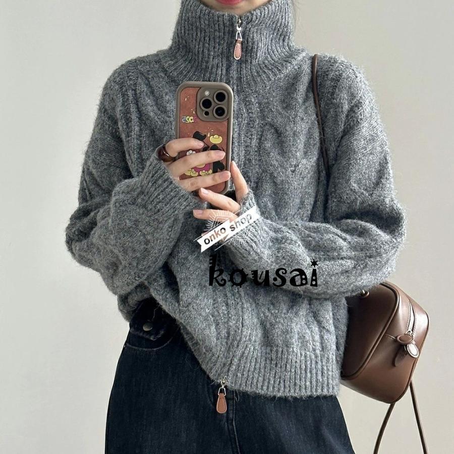 ニットジャケット レディース 立ち襟 ショット コート ダブルジップ