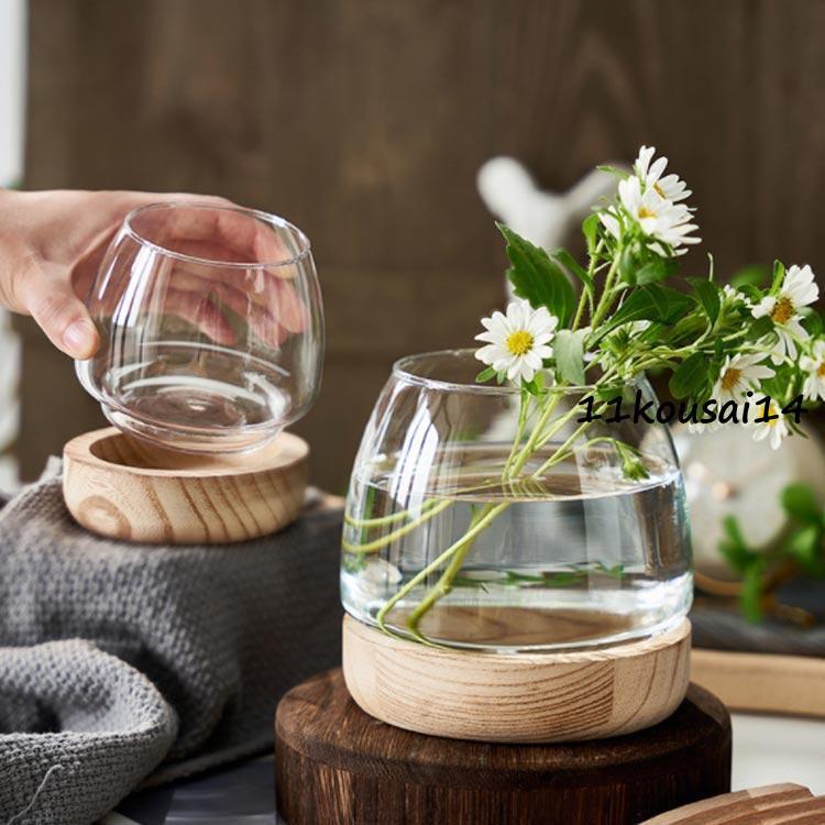 金魚鉢 ガラス製 天然木 丸型 水槽 メダカ鉢 透明 クリア 丸 鉢