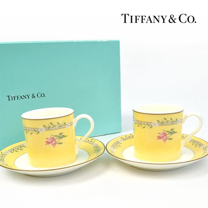 Tiffany&Co. ティファニー ピンクチューリップ カップ＆ソーサー 2点 2客 ペア セット イエロー 花 コーヒーカップ ティー