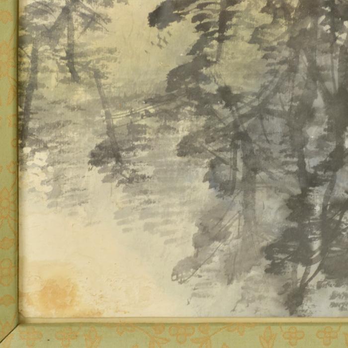 山水画 色紙 楼閣山水図 彩色水墨画 額装 サイン 落款 有り 作者不明