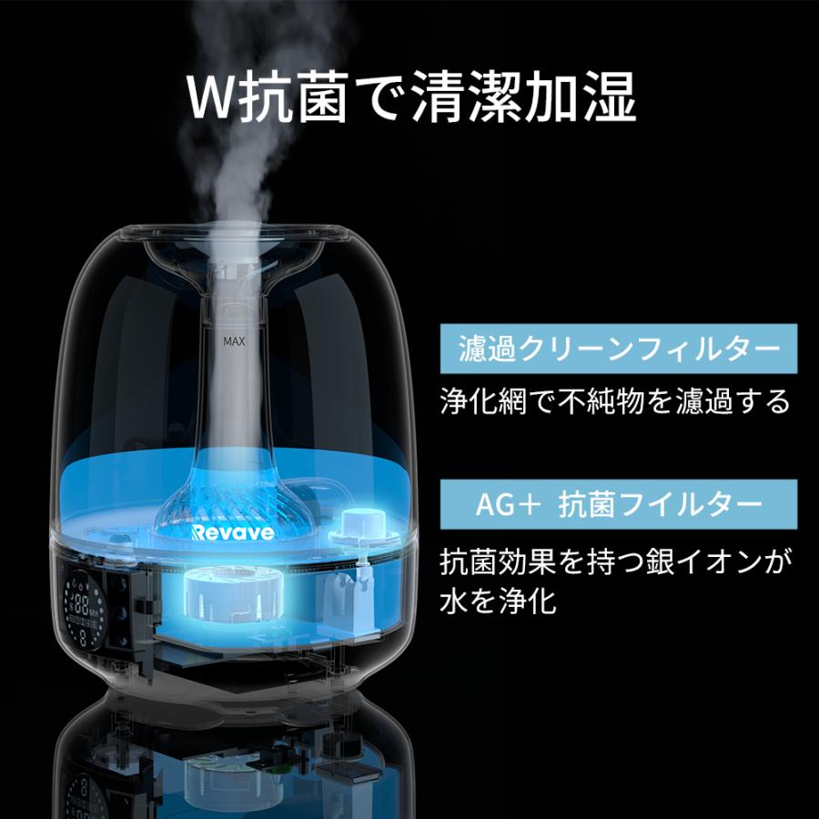 加湿器 卓上 超音波式 大容量 4L 卓上加湿器 上から注水 タイマー機能 7色LED 次亜塩素酸水対応 マイナスイオン 360°首振り 静音 省エネ 空焚き防止｜kouseisyouten｜04