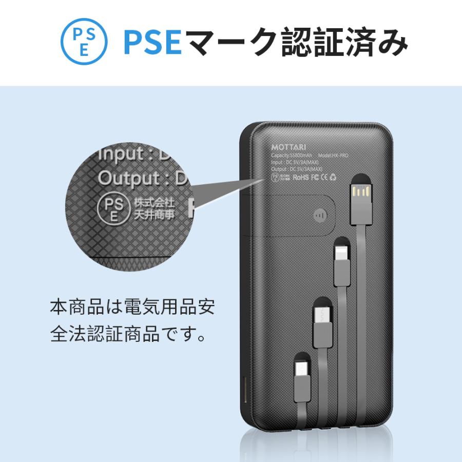 モバイルバッテリー 大容量 3.0A急速充電 55800mAh ケーブル内蔵 type