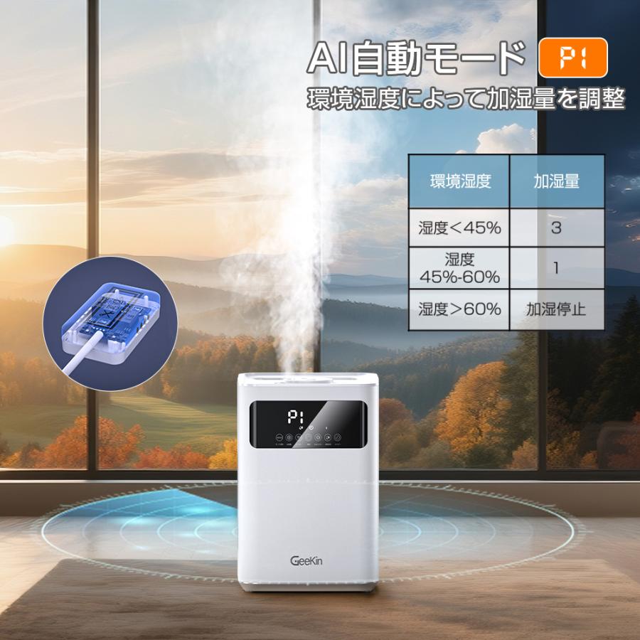 Geekin 【加熱式&超音波式】加湿器 大容量6L 7.0インチ大画面 知能恒湿