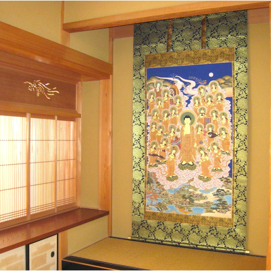 美品 掛け軸 雅鳳作 紺紙 阿弥陀三尊両大師 共箱 仏教美術 仏画 年中掛け 美品 掛け軸 雅鳳作 紺紙 阿弥陀三尊両大師 共箱 仏教美術 仏画