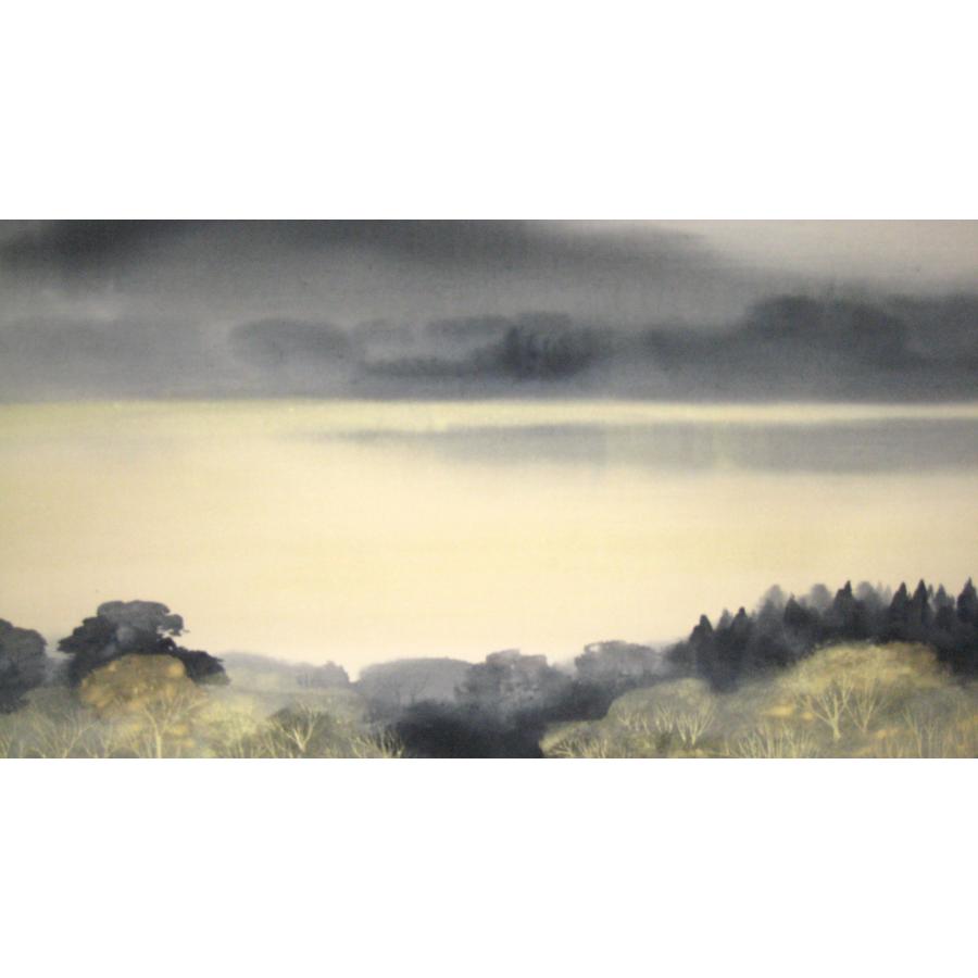 掛け軸 掛軸 水墨山湖 川村憲邦 (真筆・中古) 太巻・共箱・二