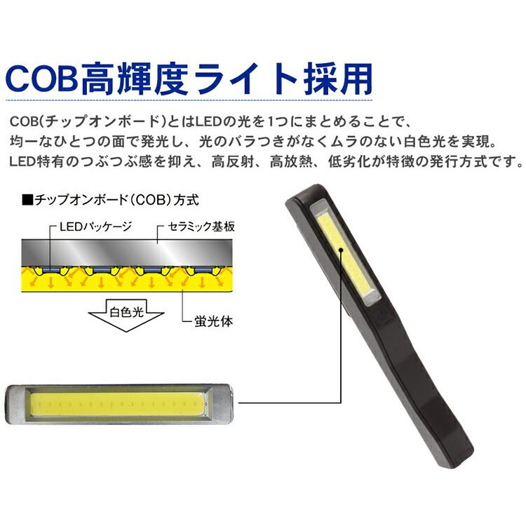 ワークライト COB USB充電式 高輝度 LED 懐中電灯 作業灯 クリップ