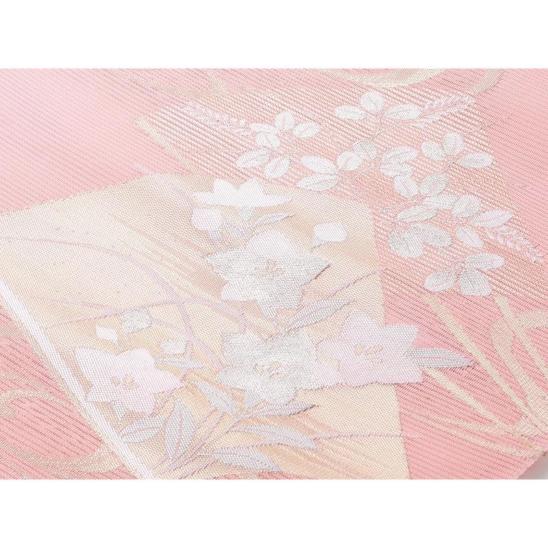 薄いピンク夏用帯　鱗紋 九寸 夏用 絽 正絹 名古屋帯 六通柄 ピンクベージュ系 ro-311-10 : 和