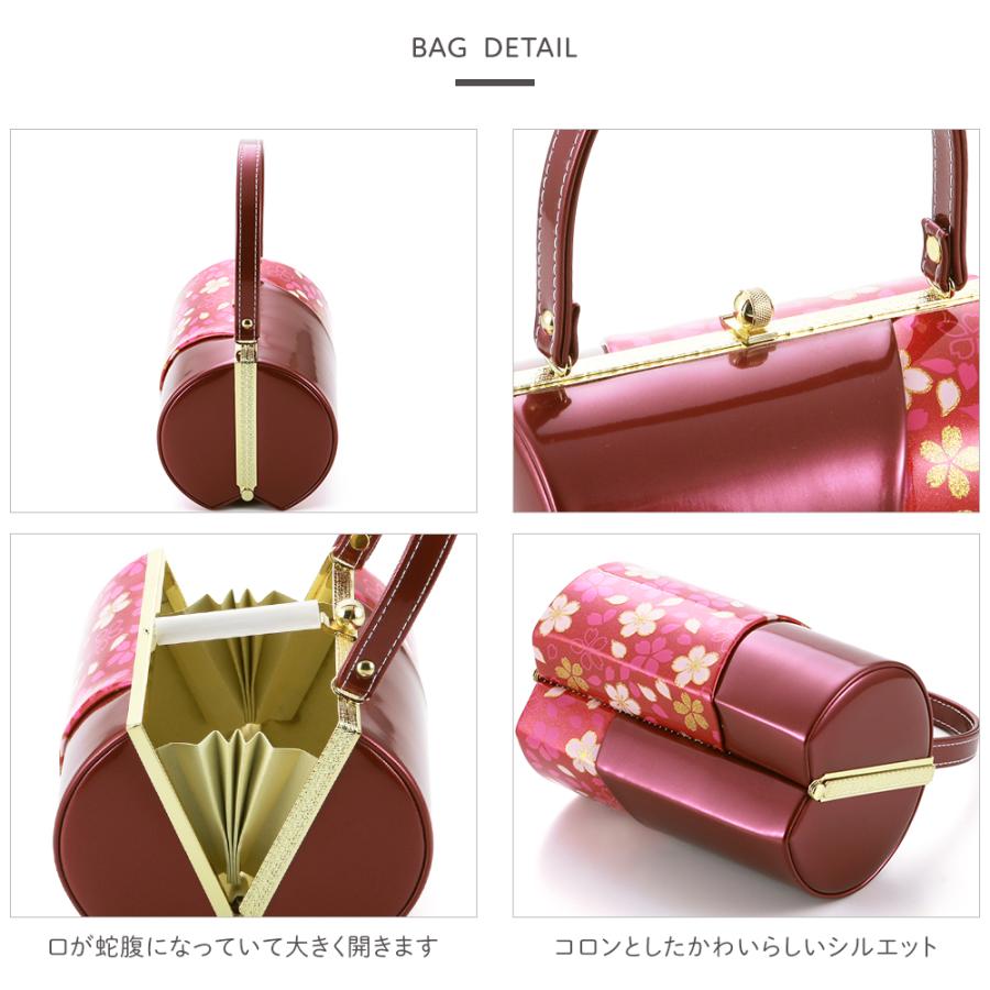 訳あり 和装バッグ 振袖用バッグ 筒形 エナメル生地使用 桜柄プリント