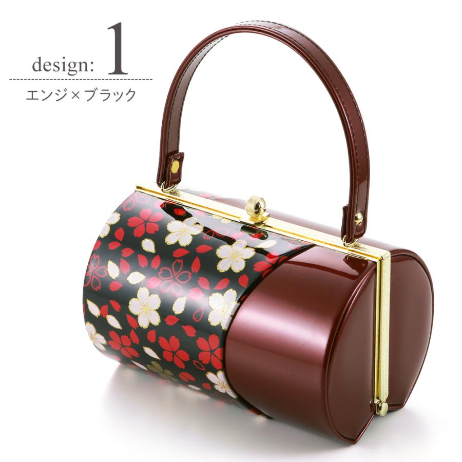 訳あり 和装バッグ 振袖用バッグ 筒形 エナメル生地使用 桜柄プリント