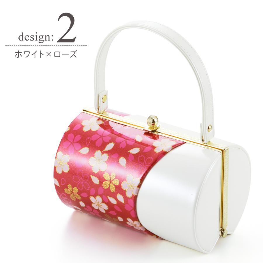 訳あり 和装バッグ 振袖用バッグ 筒形 エナメル生地使用 桜柄プリント