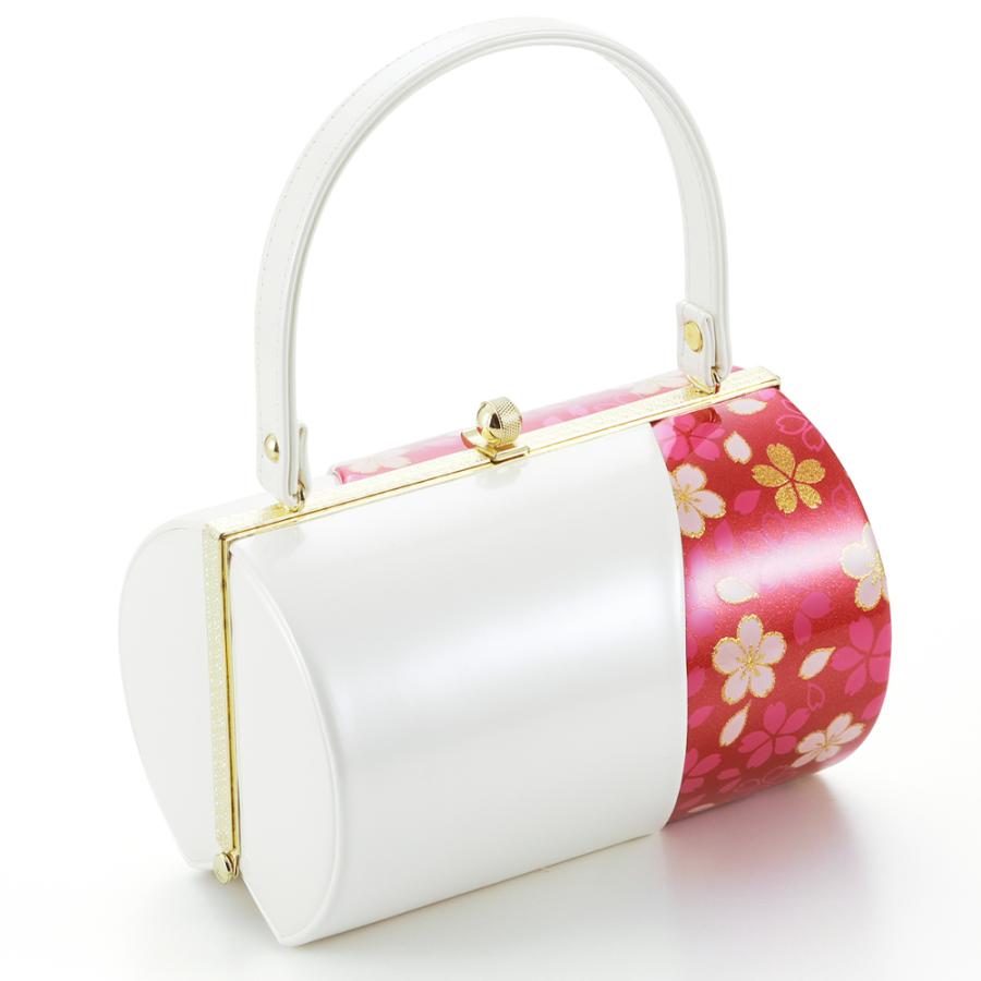 訳あり 和装バッグ 振袖用バッグ 筒形 エナメル生地使用 桜柄プリント