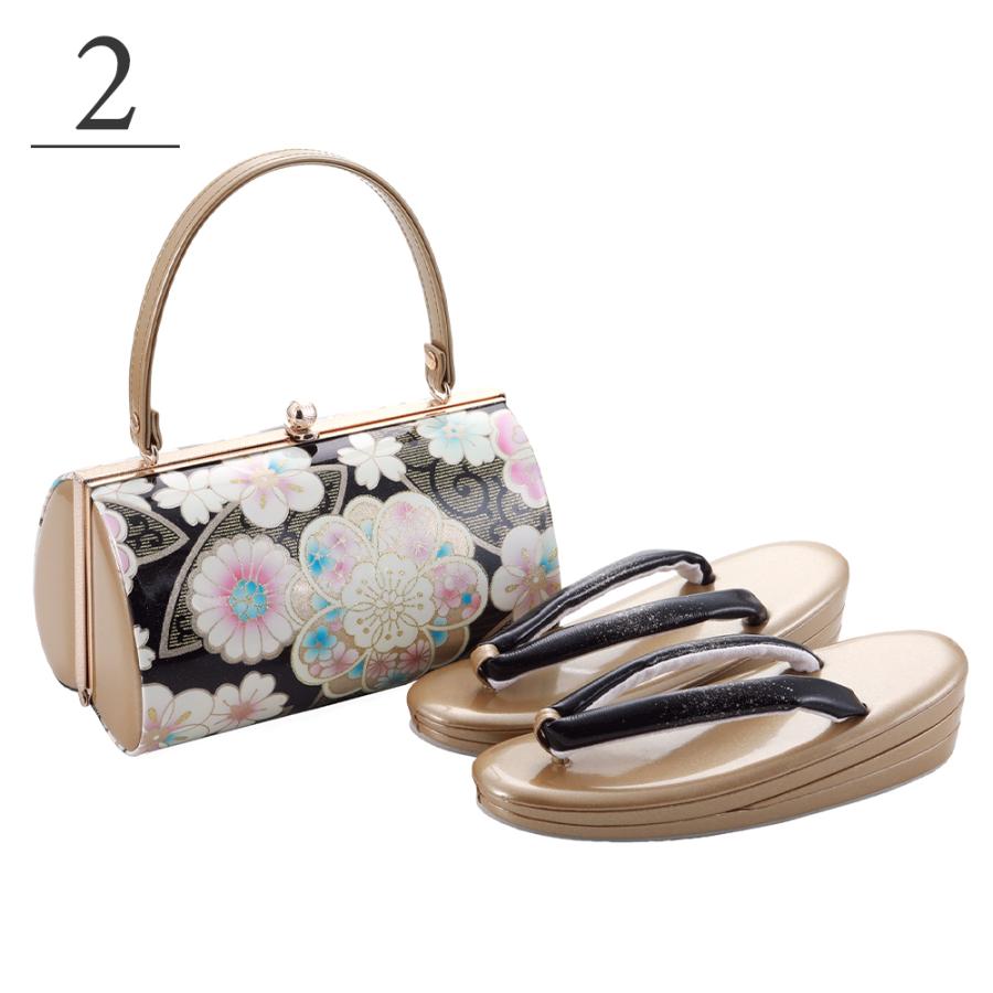 半衿テープ2個・草履バッグ セット 丸型バッグと角型黒ブラック