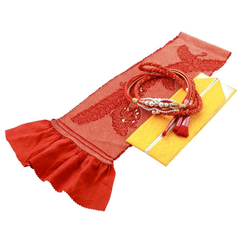 振袖用 正絹 四ッ巻 絞り 柄入り 帯揚げ・帯締め・重ね衿 3点セット 赤 