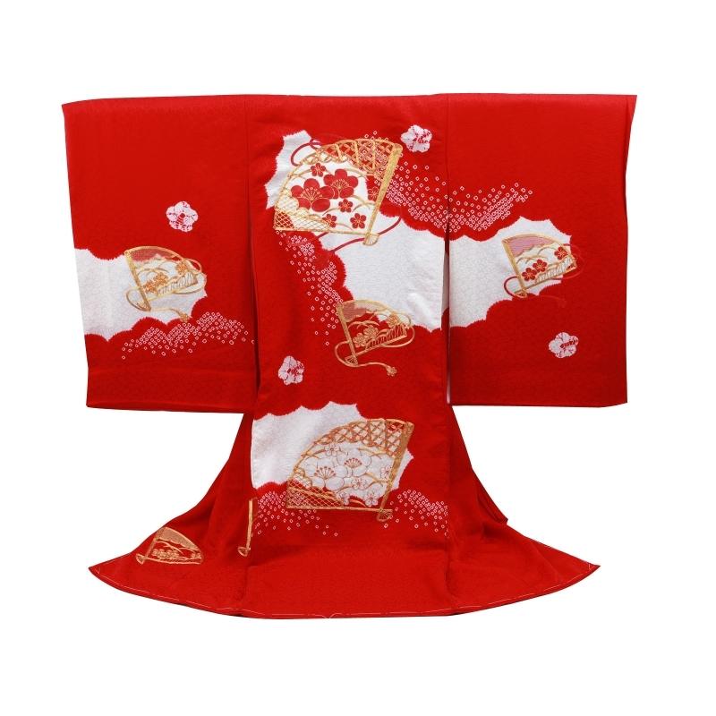 超美品　お宮参り 　正絹　刺繍　産着　初着　長襦袢　女の子　赤　紅緋　絞り　着物 お宮参り 金駒刺繍入り 絞り 正絹 着物 長襦袢 セット 女児