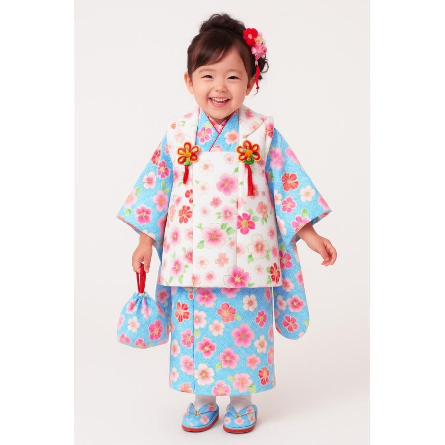 七五三 3歳女の子 総柄 着物 7点セット 被布コートセット 水色着物 fk
