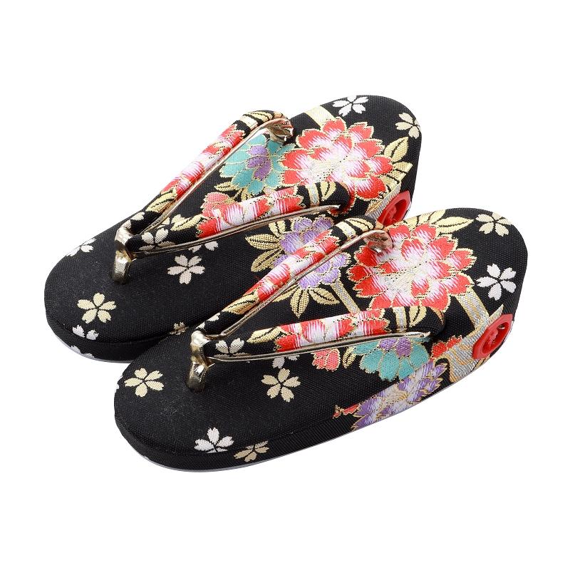 七五三 金欄織 子供用 きもの 草履 鈴付き 黒地 桜柄 18.0cm sz-98-7 