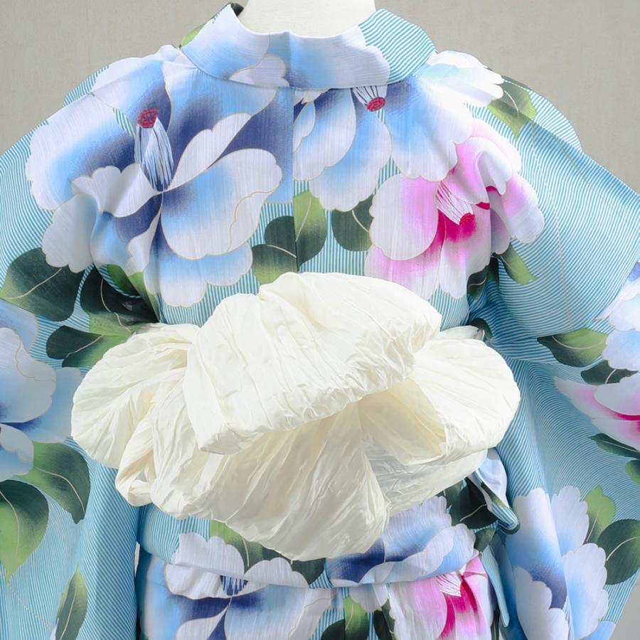 大人兵児帯 空庭の花 ホワイト×ブルー レディース 大人用 しわ加工 兵児帯 ヘコ帯 女性用 婦人用 浴衣帯 オフ