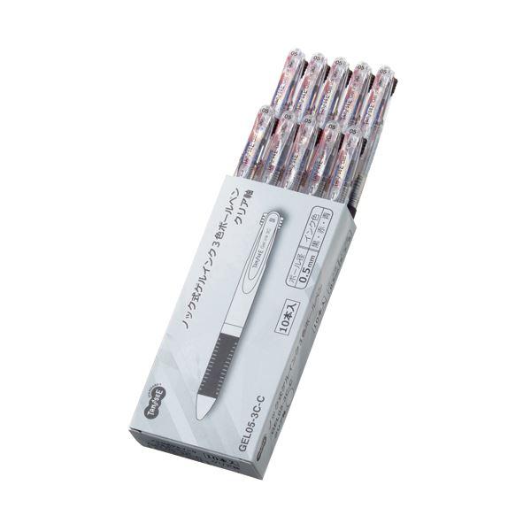 （まとめ） TANOSEEノック式ゲルインク3色ボールペン （軸色 クリア） 1セット（10本） 〔×5セット〕の画像