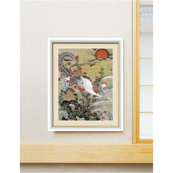 伊藤若冲 額装品 白 〔 F6号 旭日鳳凰図 〕 若冲 鳳凰 旭日 動植綵絵額 群鶏 白鳳 鶏_1