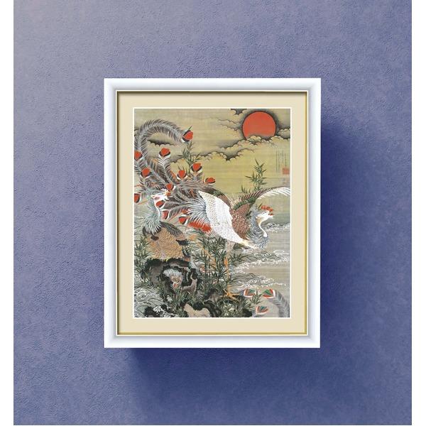 伊藤若冲 額装品 白 〔 F6号 旭日鳳凰図 〕 若冲 鳳凰 旭日 動植綵絵額 群鶏 白鳳 鶏_2