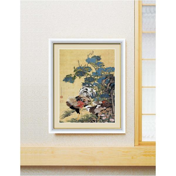 伊藤若冲 額装品 白 〔 F6号 紫陽花双鶏図 〕 若冲 鳳凰 旭日 動植綵絵額 群鶏 白鳳 鶏_1
