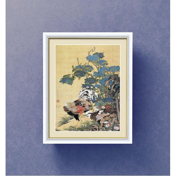 伊藤若冲 額装品 白 〔 F6号 紫陽花双鶏図 〕 若冲 鳳凰 旭日 動植綵絵額 群鶏 白鳳 鶏_2