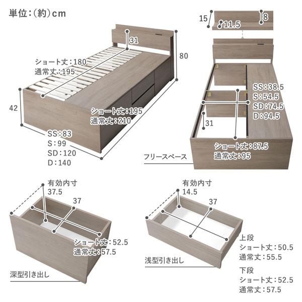 宮付き チェスト ベッド 通常丈セミダブル グレージュ 3ゾーンポケットコイルマットレス付 引き出し 収納ベッド 棚付_16