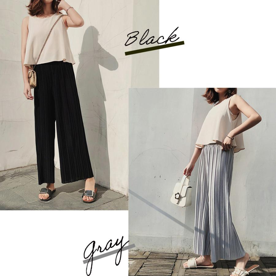 シフォン ワイドパンツ プリーツ ウェストゴム ロング丈 パンツ