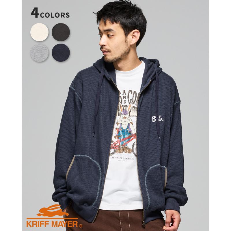 クリフメイヤー KRIFF MAYER メンズ ユニセックス 長袖 フーディー サーマル ワンポイント 刺繍 アメカジ 羽織り 秋 春 ハニカムワッフルジップパーカー | KRIFF MAYER