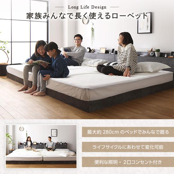 ベッド ダブル 国産ポケットコイルマットレス付き(ハード) ストーングレー 低床 すのこ 照明付き 宮付き 棚付き コンセント付き 組立品