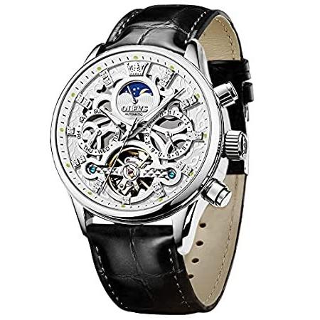 保障できる Leather Luxury Men for 新品Watches Dress Watch Automatic Diamond Skeleton Black 腕時計