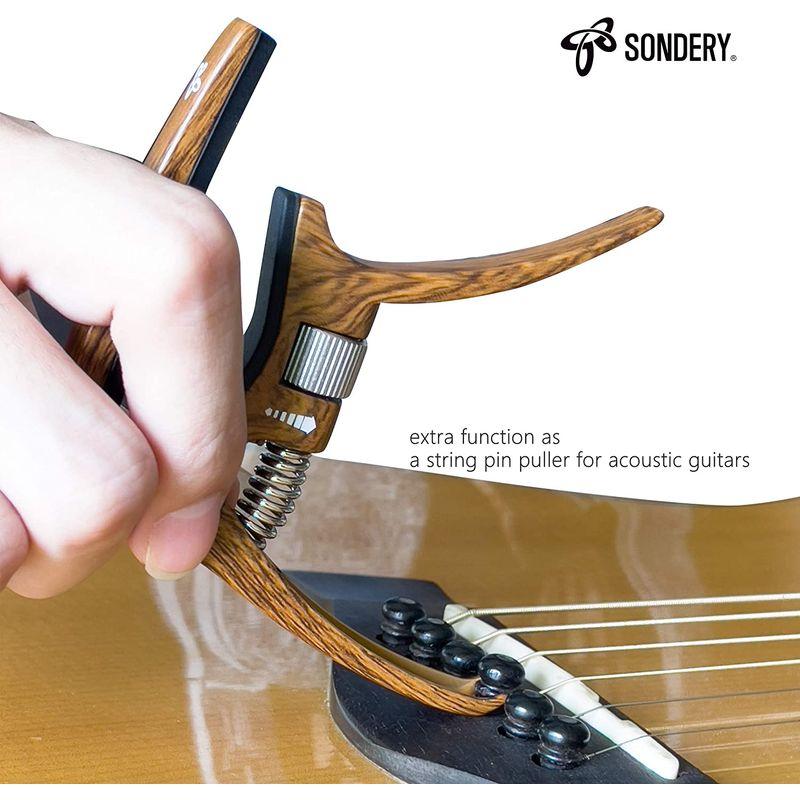 オリジナル SONDERY カポタスト アコースティック アコギ ブリッジピン抜き機能 エレキ トリガーテンション調整可能 カポ 6弦 用 ギター  木目 ギター、ベース用パーツ、アクセサリー