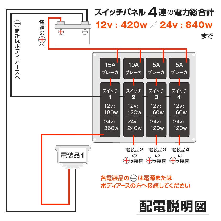 スイッチパネル 4連 船舶用 防水 スイッチ 12v 24v デッキライト スイッチプレート 船 ボート 集魚灯 キャンピングカー ロッカースイッチ｜ksgarage｜04